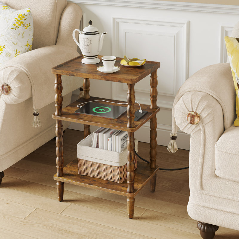 3-Tier End Table with Charging Station and Rubber Wood Legs