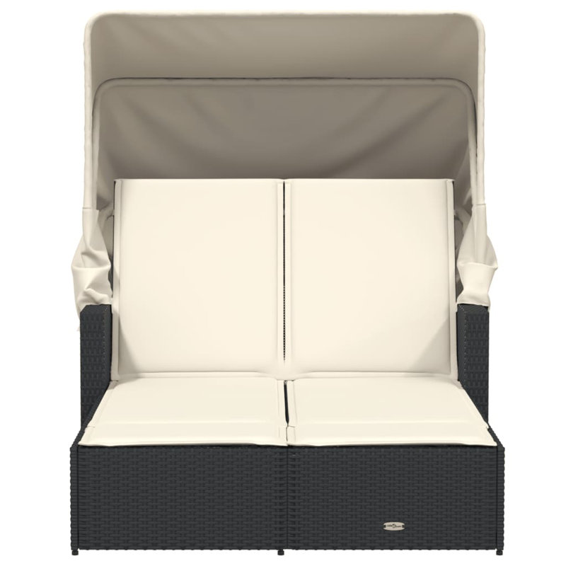 Vidaxl Double Sun Lounger With Canopy And Cushions Poly Rattan, Black, Cream White