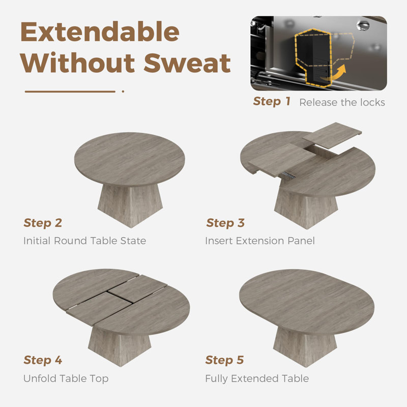 Table de salle à manger ronde extensible de 119 à 160 cm pour 4 à 8 personnes, plateau épais et pied central au design minimaliste moderne, idéale pour les petits espaces - Gris