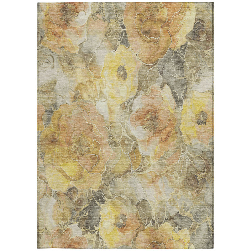 Tapis intérieur lavable floral doré et gris 9 pi x 12 pi