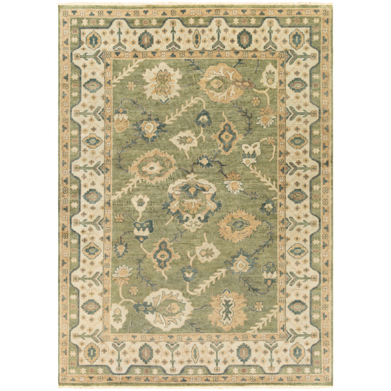 Oriental Hand Knotted Wool Olive/Beige Area Rug, Rectangle 8' x 11'