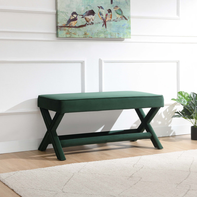 Double banc Comfort recouvert de tissu de velours, tabouret avec pieds élégants en X, coussin confortable avec passepoil, velours