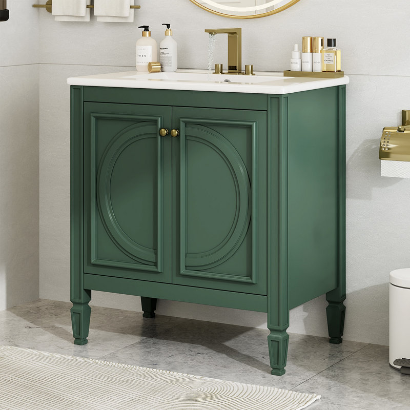 Meuble-lavabo de 30 po avec lavabo, deux portes avec tablette, charnières de porte à fermeture en douceur, style rétro, Vert