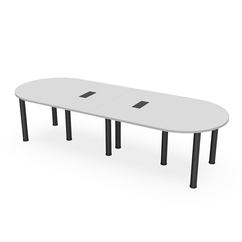 Table de conférence en forme de piste de course avec pieds de poteau, L 144 po x l 48 po, Brouillard gris, Noir mat