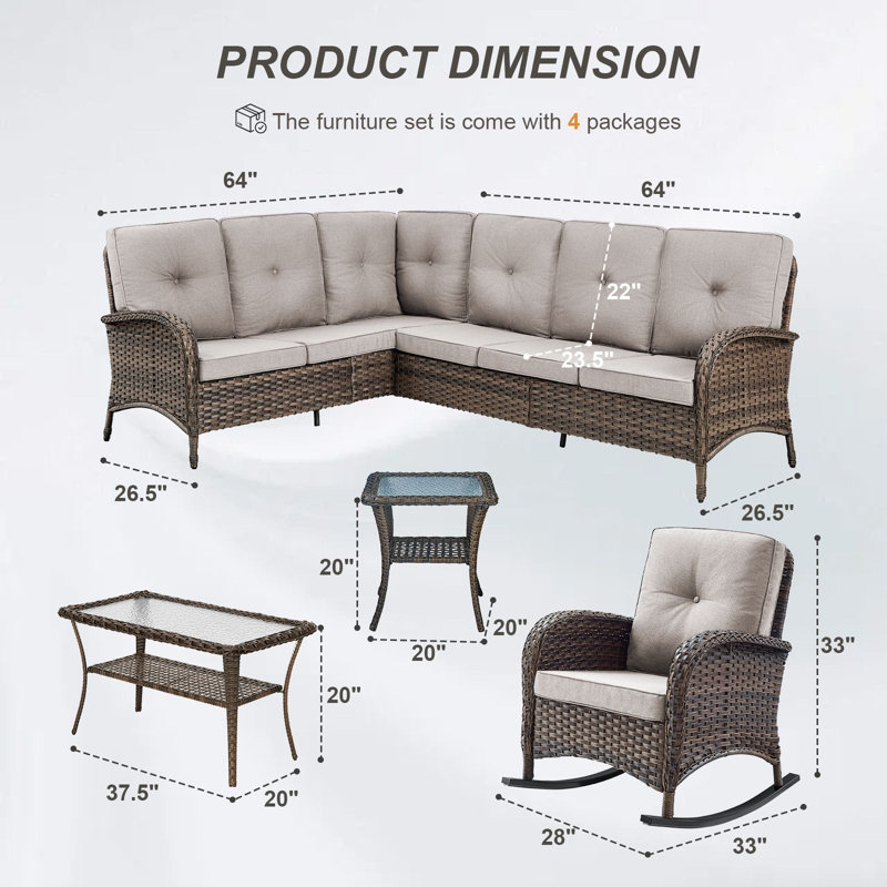 Valierius L-Shaped Outdoor Sectional Sofa & 3-Piece Rocking Chair Set, PE Wicker, Water-Resistant, Beige