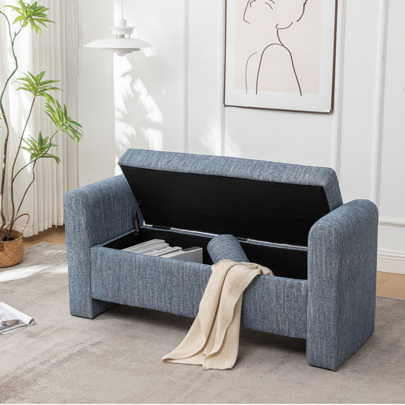 Banc de rangement rembourré en polyester Lataja, Bleu marbré, H 24 po x l 57 po x P 19,7 po