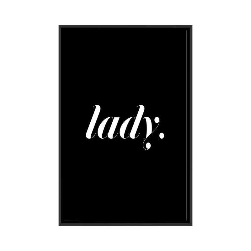 « lady black », art textuel sur toile, H 26 po x l 18 po x P 1,5 po, Toile avec cadre noir, Pas de tapis