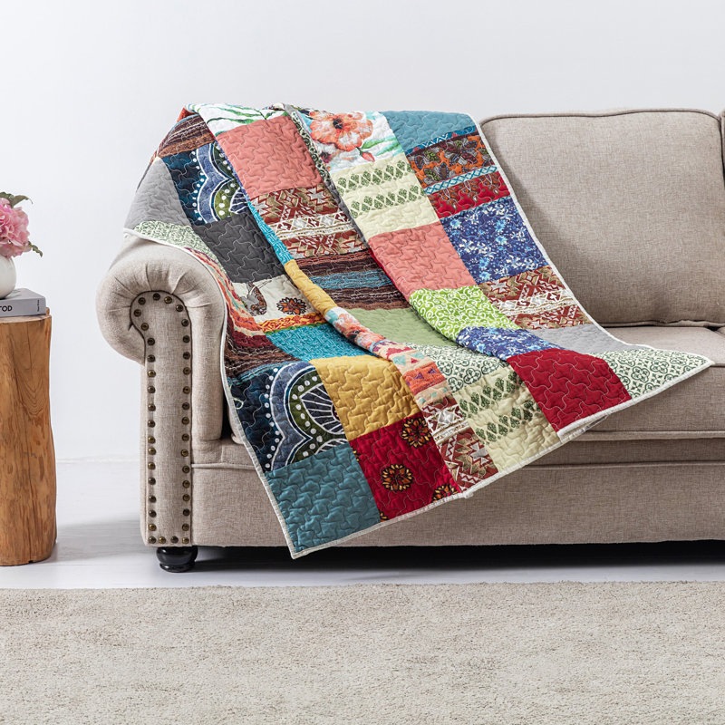 Greenland Home Fashions Renee Upcycle Throw, 50"x60", Reversible Eco Blend Quilt, Multicolor Cotton Microfiber Mix