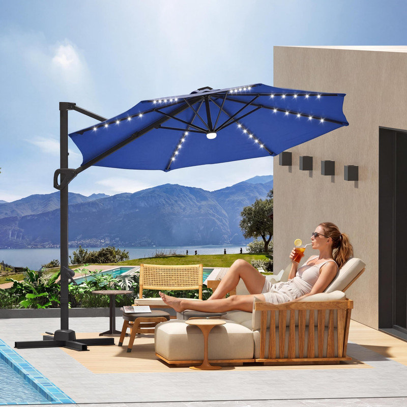 Parasol de terrasse solaire décalé 10 pi à DEL, porte-à-faux rotatif à 360 ° avec inclinaison facile et base croisée, Marine