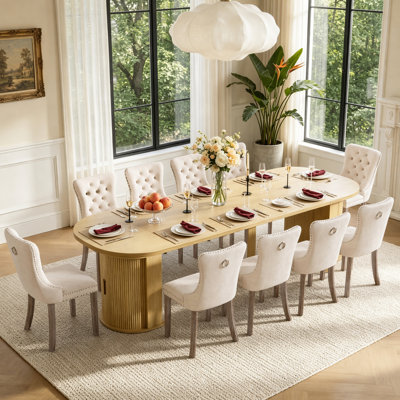 47"-118.1" Oval Extendable Dining Table Set for 10, Natural Wood Kitchen Table with Fluted Storage Base and 10 Velvet Tufted Chairs