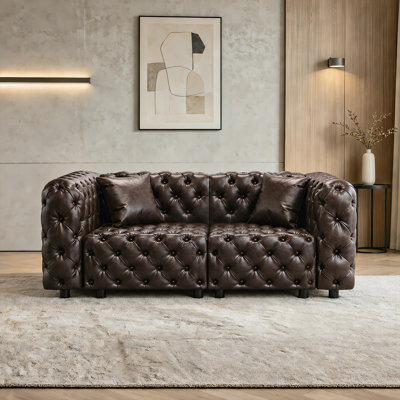Canapé rembourré 77 po en similicuir 77 po, canapé 2 places avec motif touffeté à la main et coussins, brun foncé