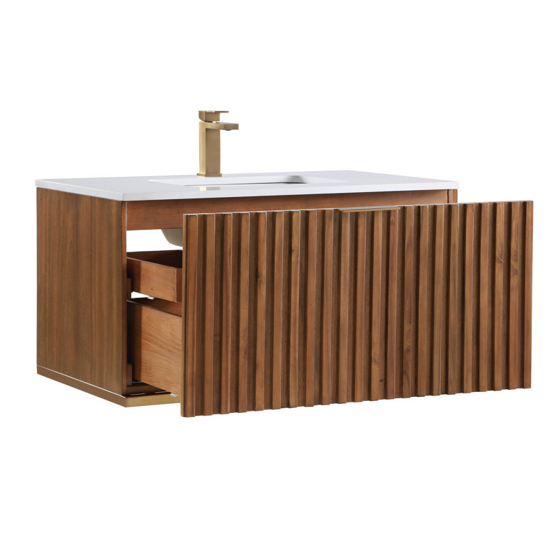 Terra 36'' W Single Vanity, Satin Brass, Calacatta Quartz/Widespread Faucet Mount, Walnut