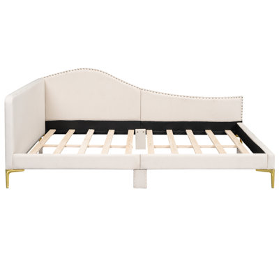 Lit de jour rembourré beige avec tête de lit, accoudoirs et pieds de support - Tête de lit moderne au design élégant et confortable