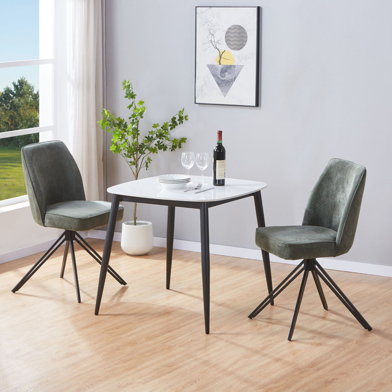 Aspen Gloss White Sintered Stone Square Table with 2 Swivel Upholstered Fabric Chairs - Modern Dining Set, Green