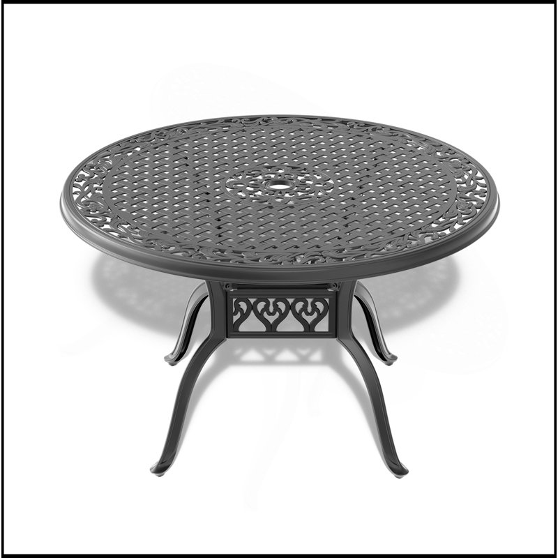 Table de salle à manger en aluminium coulé durable de 47,24 pouces avec structure noire et trou pour parasol pour les rassemblements extérieurs