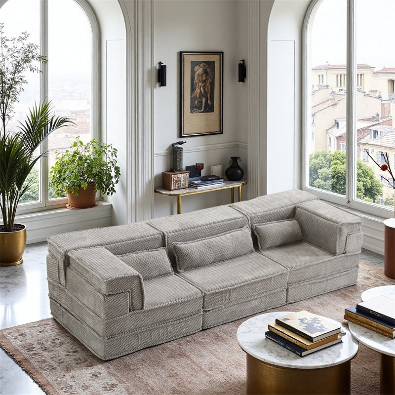 Canapé modulaire convertible sans os, surdimensionné à trois places avec trois coussins, Gris
