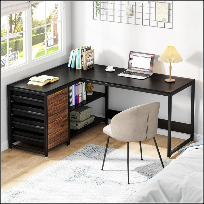 Bureau d'ordinateur en L 59 pouces avec tiroirs et tablettes de rangement, poste de travail de coin réversible, bureau d'écriture avec classeur