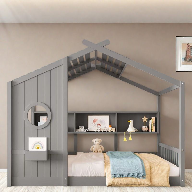 Lit sur pied avec tablettes de rangement, Lit double, Gris