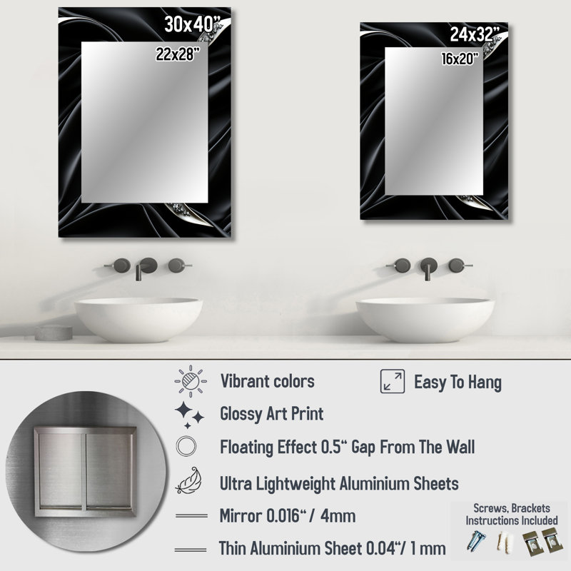 Deep Black Silver Elegance - miroir mural abstrait unique, miroir abstrait, impression d'art en métal, 40 po x 30 po