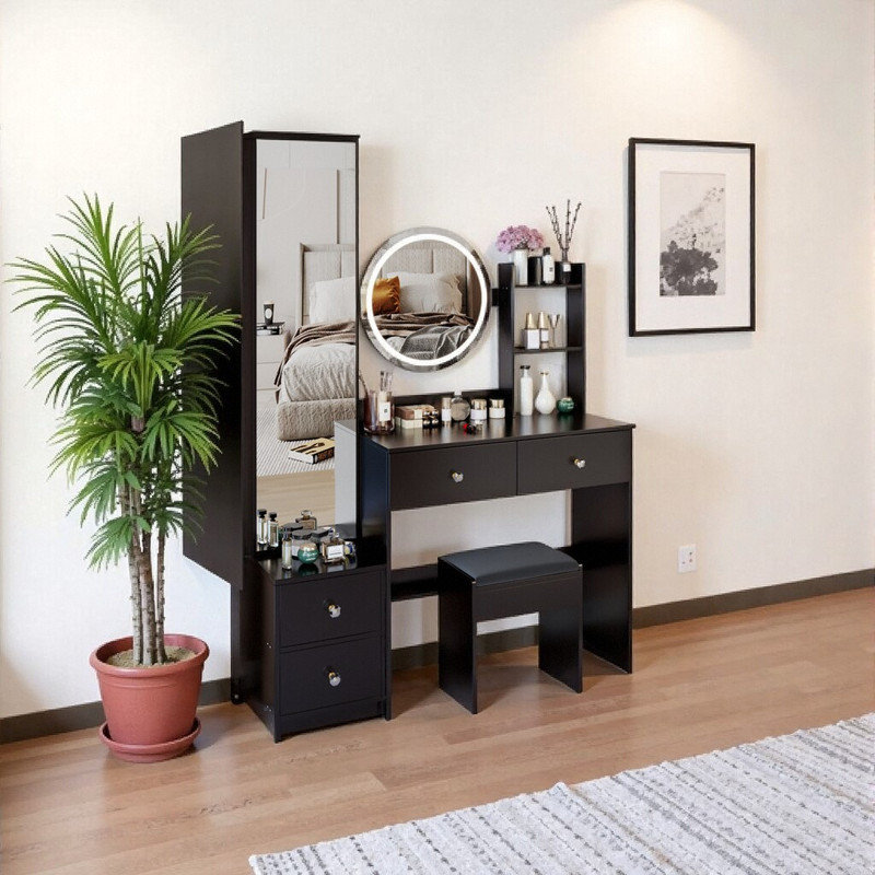 Ensemble de meuble-lavabo à miroir 63 po avec table à DEL, coiffeuse réglable 3 couleurs avec tabouret de rangement, Noir