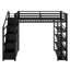Lit mezzanine en métal avec tablettes de rangement, armoires et garde-robe