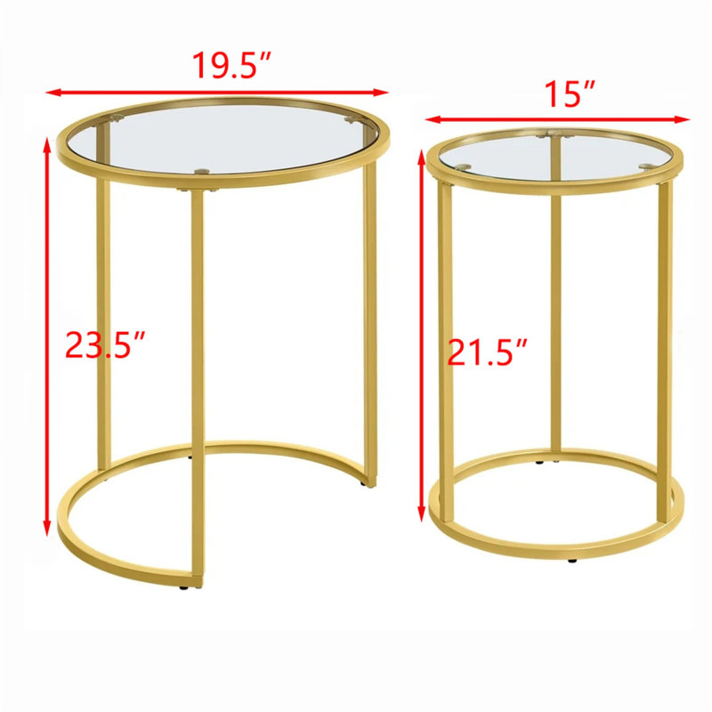 Round Metal Nesting End Table Set of 2 with Glass Top, Gold