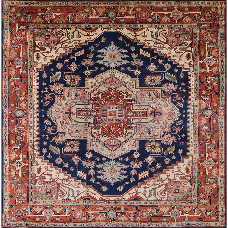 Tapis oriental orange / bleu marine, Carré 4 pi