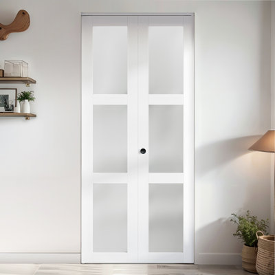 3-Lite Frosted Glass and Solid Manufactured Wood Bi-Fold Doors with Hardware Kit