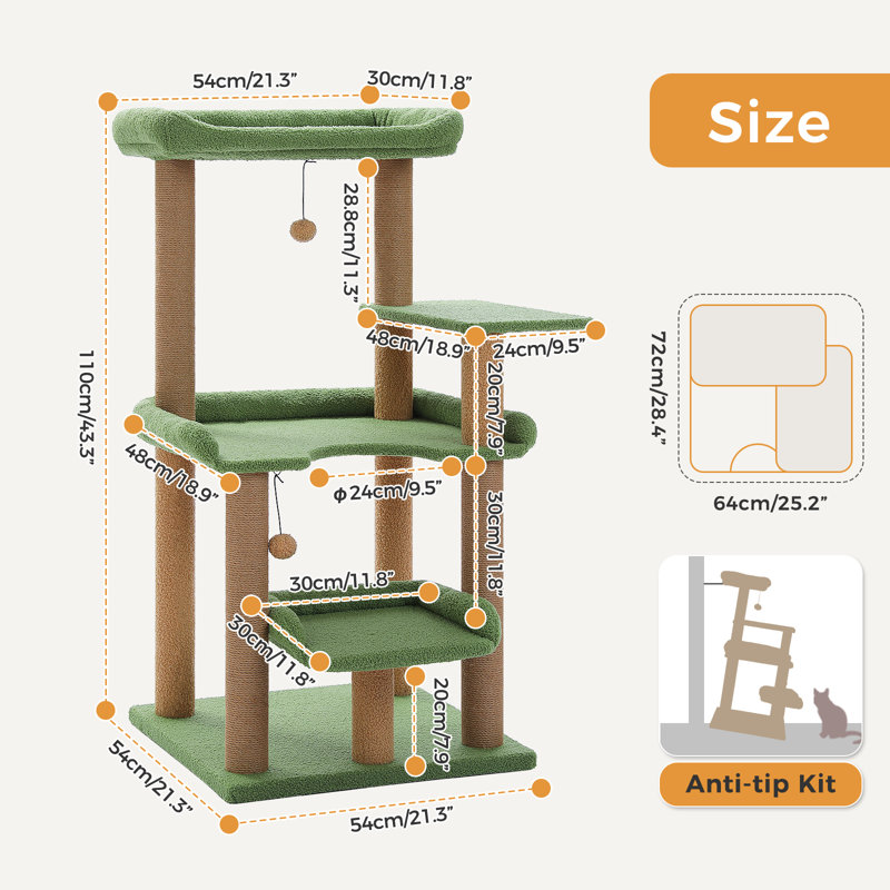 Arbre à chat vert de 112 cm (44 po) pour grands chats avec 4 plateformes, Green
