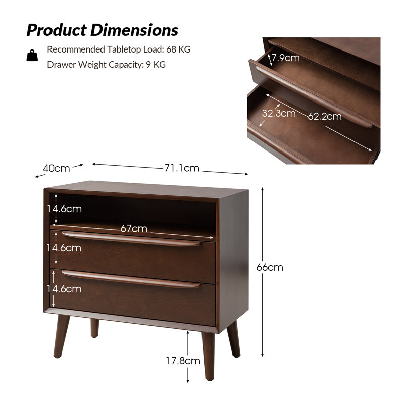 Aviannah Mid-Century Modern 2 - Drawer Nightstand With Built-In Charging Station And Legs And Open Shelf Set Of 2, Walnut