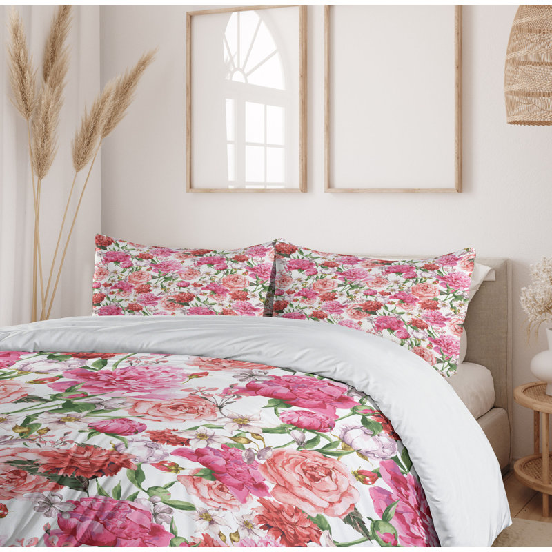 King White Pink Floral Duvet Cover Set with Shams
