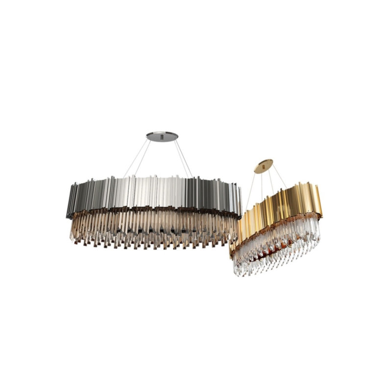 Lustre linéaire ovale moderne avec accents Crytal Empire, Laiton poli, Givré, 89” Length x 18” Width x 19” Height