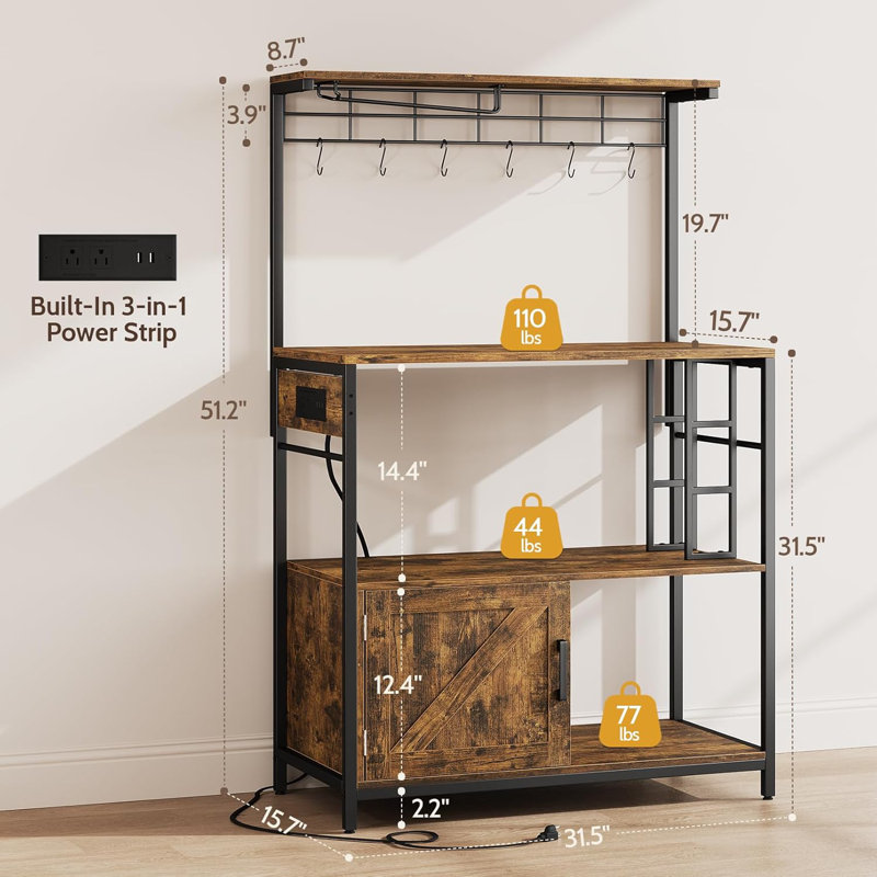  Bakers Rack With Power Outlet, 31.5 Inches Coffee Bar For Kitchen With Storage, Kitchen Shelves With Cabinet, Microwave Stand With 6 S-Shaped Hooks