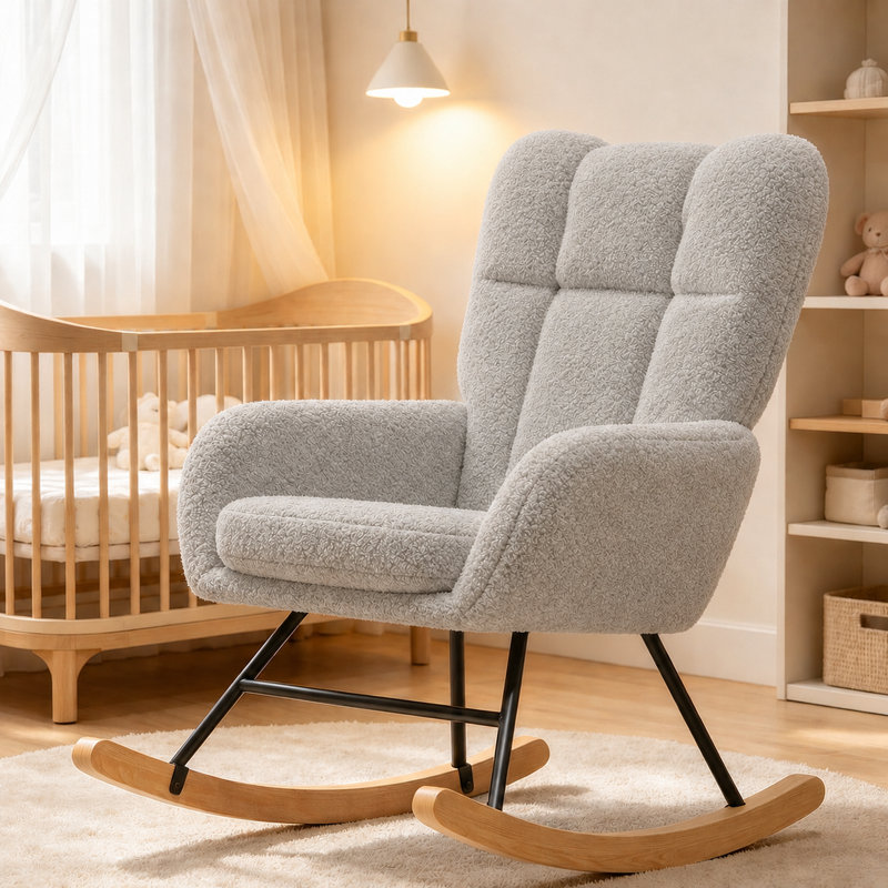 Fauteuil à bascule moderne pour chambre d'enfant, modèle Teddy avec piètement en bois massif, Gris