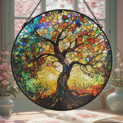 Tree Of Life Glass(1) Stained Glass Panels Suncatcher for Window Decor