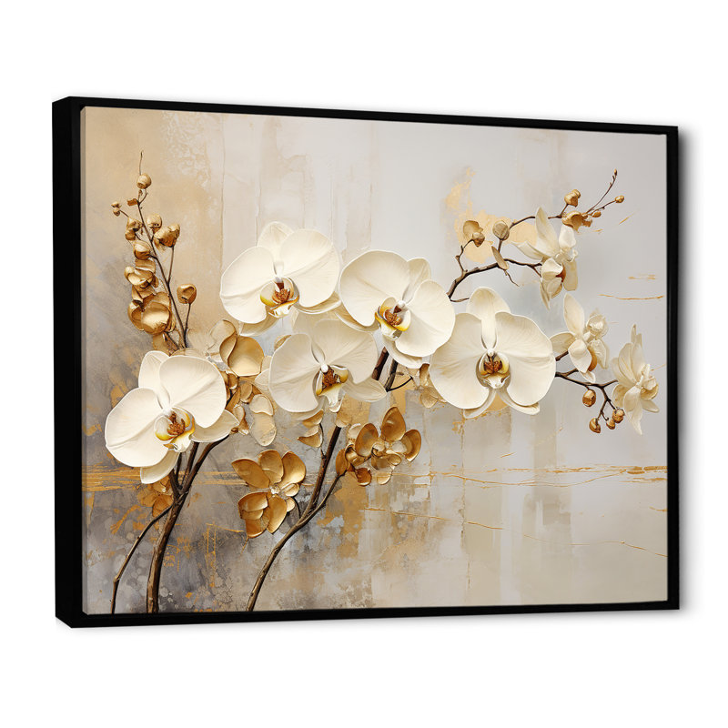 Minimalisme beige et orchidées dorées - impressions sur toile orchidées, H 16 po x l 32 po, Reproduction avec cadre flottant