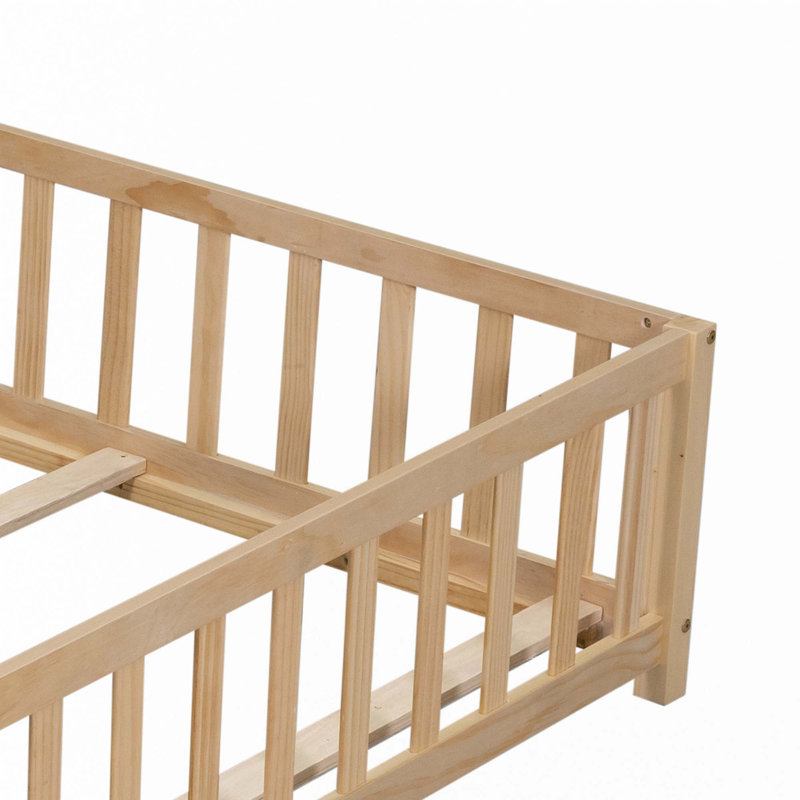 Full Size Floor Platform Bed With Fence And Door For Kids, Natural