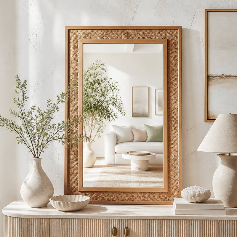 Rattan Rectangle Solid Wood Frame Mirror, 20"x30", Yellowish-Brown
