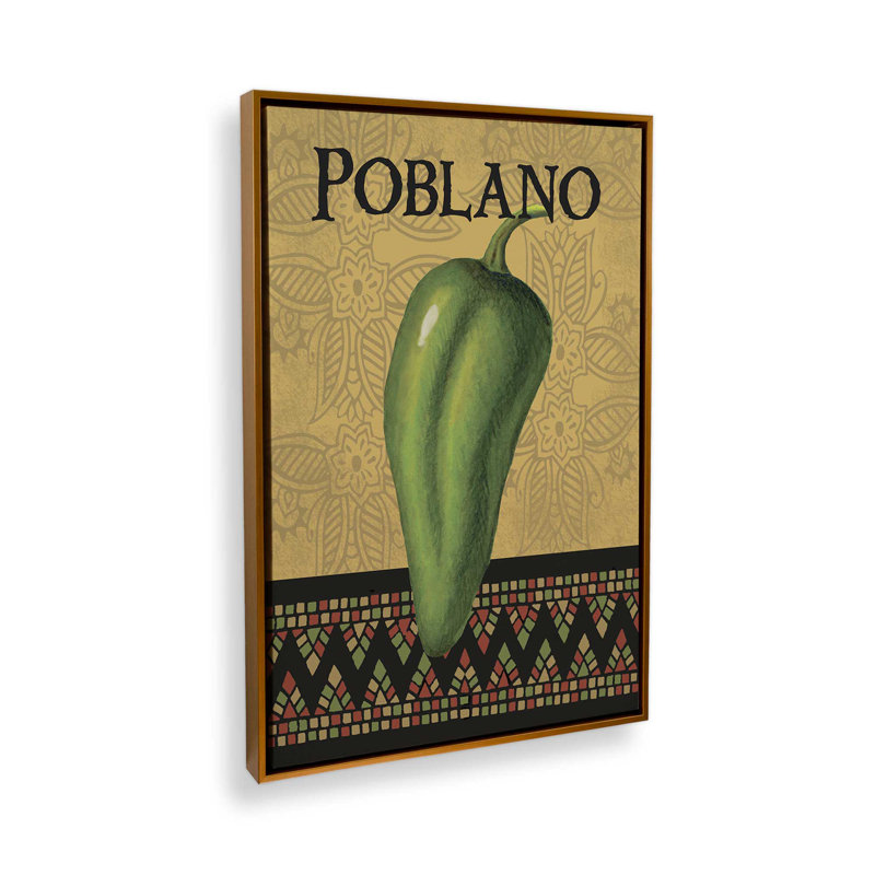 Poblano avec toile de fond or, H 12,75 po x l 8,75 po, Impression dans un cadre flottant sans passe-parto, Or poli
