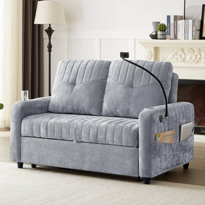 53.9" Modern Loveseat Pull-out Sofa Bed with Adjustable Backrest, Two Cup Holders , a Phone Holder, Three Charging Ports and Side Storage Pockets for Living Room, Grey