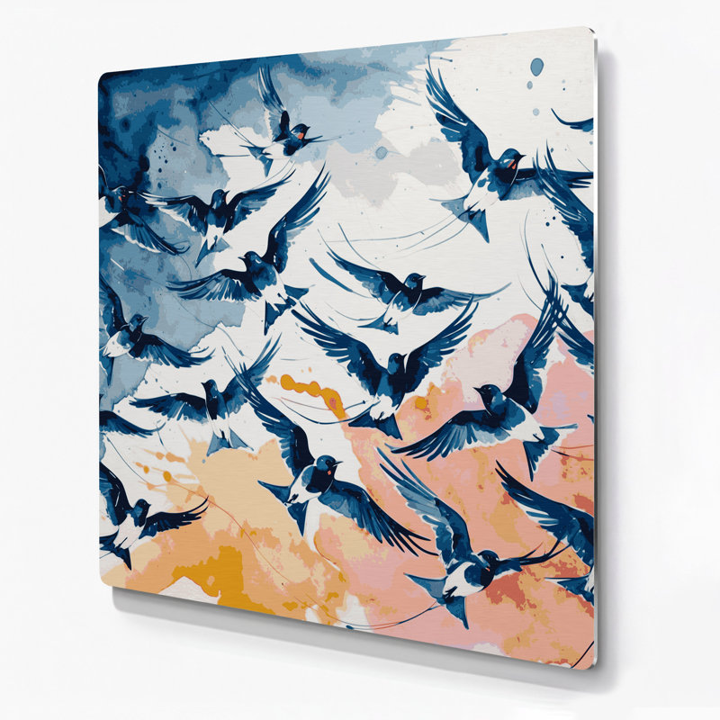 «Birds Welcome Swallow», art mural en métal gris, H 144 po x l 144 po x P 0,05 po