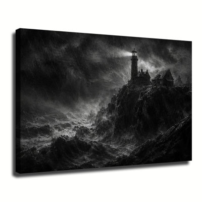 Phare de falaise orageux avec vagues déferlantes et pluie battante, toile murale vintage en noir et blanc de paysage marin gothique