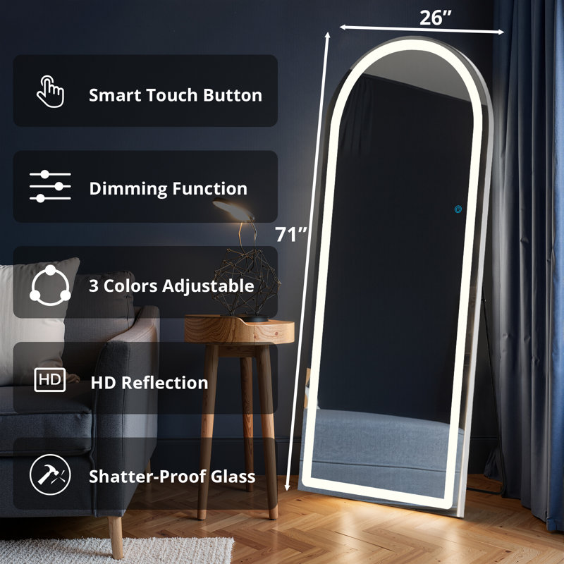 Arched Mirror Full Length With LED Lights,  Full Body Wall Mirror, Lighted Floor Standing Mirror, Hanging Or Leaning W/Dimming 3 Color Lighting, Arch Mirror For Modern Home Decor