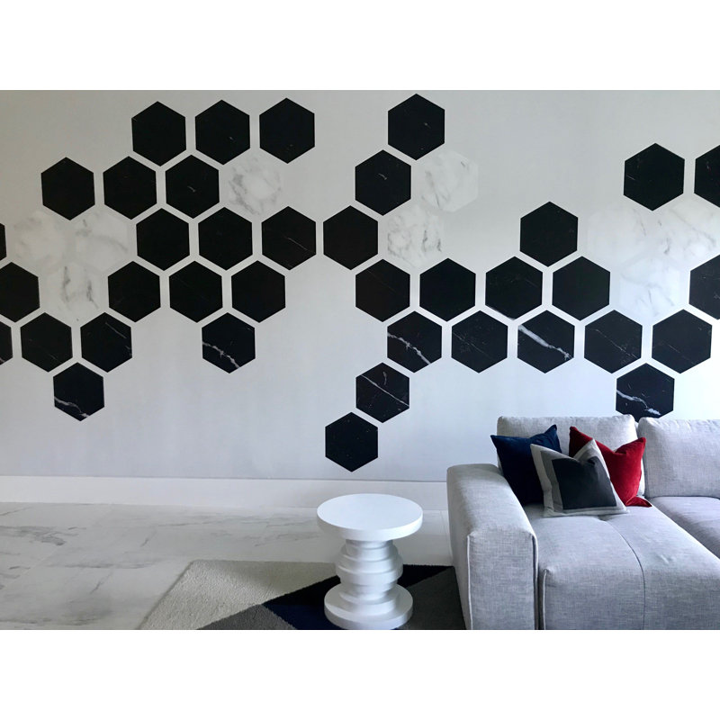 Hexagon Geometric Geometric Vinyl Wallpaper by Jamie Graney, Black/White, 120" W x 180" L