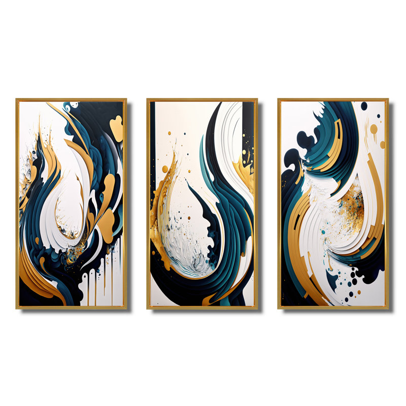 «Blue And Gold Modern Art Abstract Paint», 3 pièces sur toile, Or, H 28 po x l 36 po