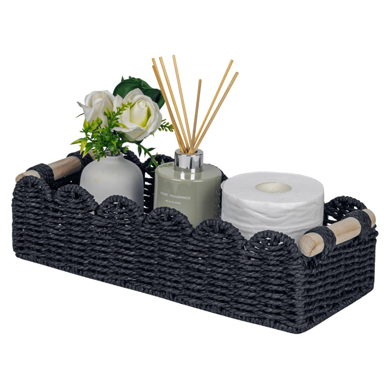 Scalloped Paper Rope Storage Basket, Decorative Shelf Basket With Wooden Handles, Black