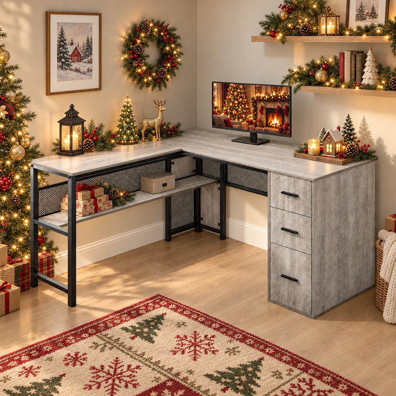 Bureau d'angle réversible de 150 cm (59,1 po) avec tiroir à dossiers suspendus et tablettes de rangement, Grey