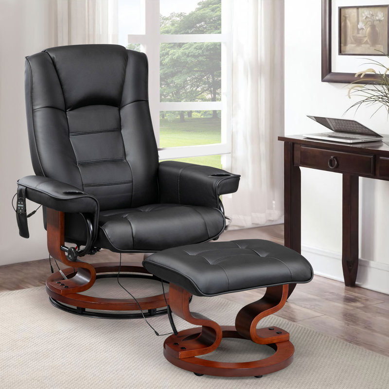Leather Heated Massage Recliner Chair with Ottoman, Black