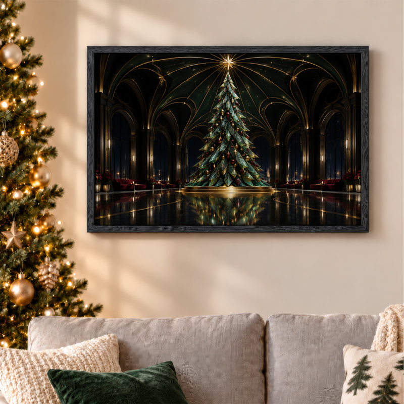 " Green Tree with Gold Star in Cathedral Hall Christmas " Painting, H 36 po x l 48 po