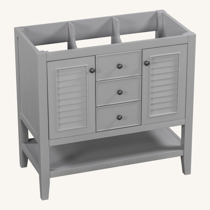 Meuble-lavabo 36 po sans lavabo, base d'armoire seulement, deux armoires et tiroirs, tablette ouverte, structure en bois massif